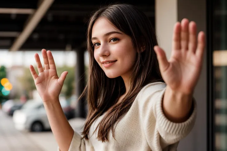 photo of a 18 year old girl,waving hands,happy,ray tracing,detail shadow,shot on Fujifilm X-T4,85mm f1.2,depth of field,bokeh,motion blur,<lora:add_detail:1>,