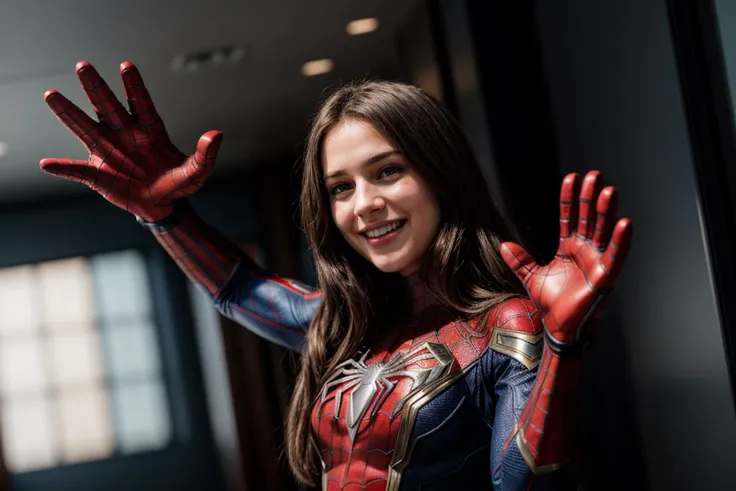 Marvel movies,photo of a 18 year old girl,spiderman,waving hands,happy,laughing,ray tracing,detail shadow,shot on Fujifilm X-T4,85mm f1.2,depth of field,blurry background,bokeh,motion blur,<lora:add_detail:1>,