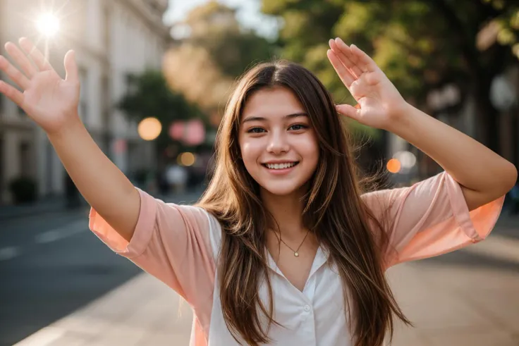 photo of a 18 year old girl,happy,laughing,waving hands,ray tracing,detail shadow,shot on Fujifilm X-T4,85mm f1.2,sharp focus,depth of field,blurry background,bokeh,lens flare,motion blur,<lora:add_detail:1>,