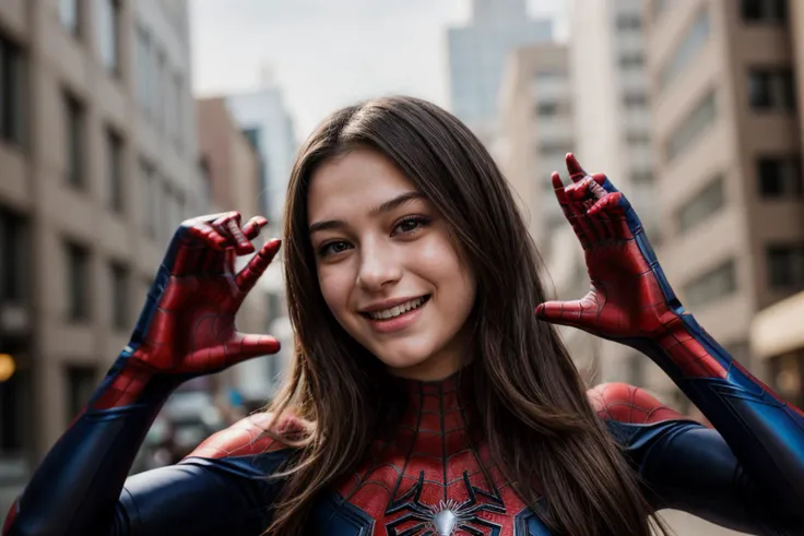 Marvel movies,photo of a 18 year old girl,spiderman,waving hands,happy,laughing,ray tracing,detail shadow,shot on Fujifilm X-T4,85mm f1.2,depth of field,bokeh,motion blur,<lora:add_detail:1>,