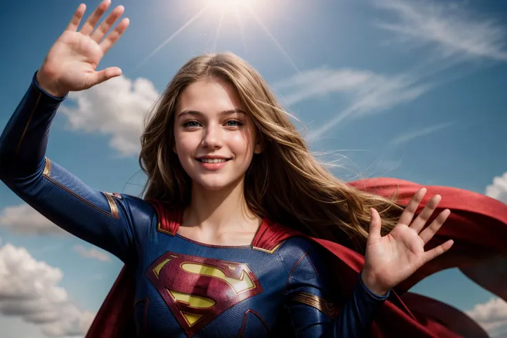 DC movies,photo of a 18 year old girl,supergirl,waving hands,happy,laughing,ray tracing,detail shadow,shot on Fujifilm X-T4,85mm f1.2,depth of field,bokeh,motion blur,<lora:add_detail:1>,