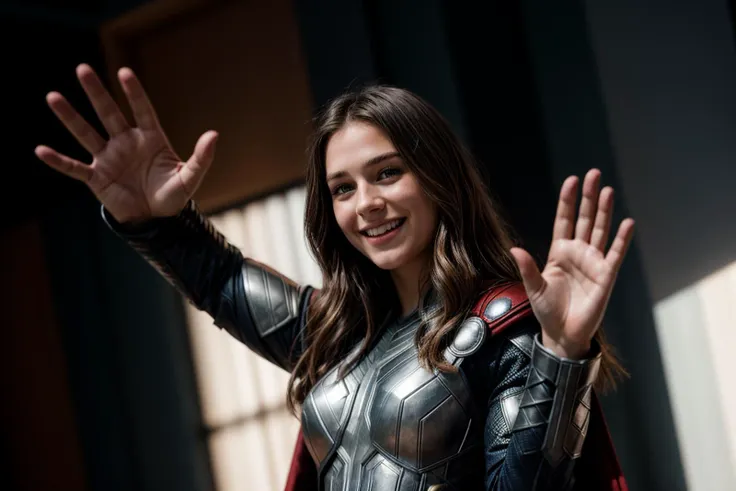 Marvel movies,photo of a 18 year old girl,thor,waving hands,happy,laughing,ray tracing,detail shadow,shot on Fujifilm X-T4,85mm f1.2,depth of field,blurry background,bokeh,motion blur,<lora:add_detail:1>,