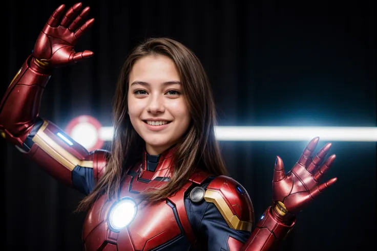 Marvel movies,photo of a 18 year old girl,ironman,waving hands,happy,laughing,ray tracing,detail shadow,shot on Fujifilm X-T4,85mm f1.2,depth of field,bokeh,motion blur,<lora:add_detail:1>,