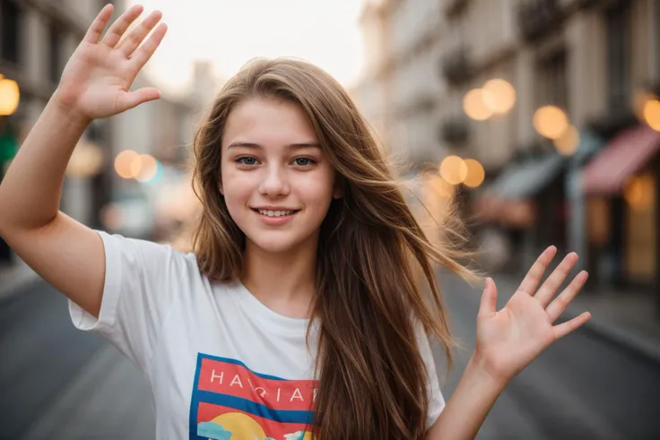 photo of a 18 year old girl,waving hands,happy,laughing,shirt,ray tracing,detail shadow,shot on Fujifilm X-T4,85mm f1.2,depth of field,bokeh,motion blur,<lora:add_detail:1>,