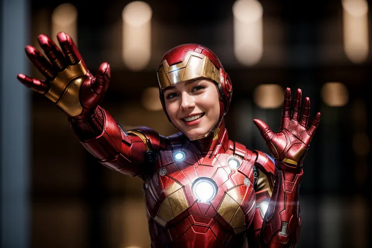 Marvel movies,photo of a 18 year old girl,ironman,waving hands,happy,laughing,ray tracing,detail shadow,shot on Fujifilm X-T4,85mm f1.2,depth of field,blurry background,bokeh,motion blur,<lora:add_detail:1>,