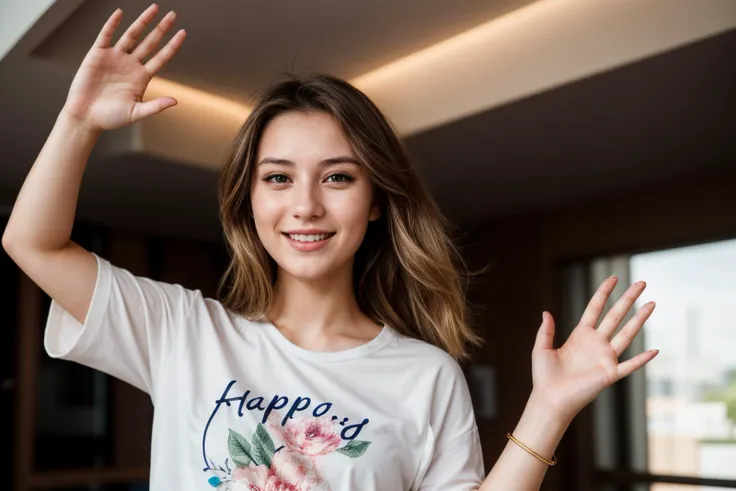 photo of a 25 year old girl,waving hands,happy,laughing,shirt,ray tracing,detail shadow,shot on Fujifilm X-T4,85mm f1.2,depth of field,bokeh,motion blur,<lora:add_detail:1>,