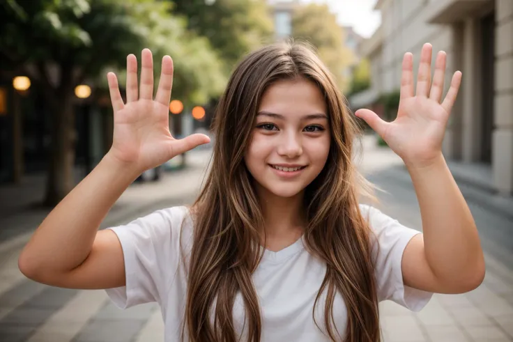 front view,photo of a 18 year old girl,waving hands,happy,laughing,ray tracing,detail shadow,shot on Fujifilm X-T4,85mm f1.2,depth of field,bokeh,motion blur,<lora:add_detail:1>,