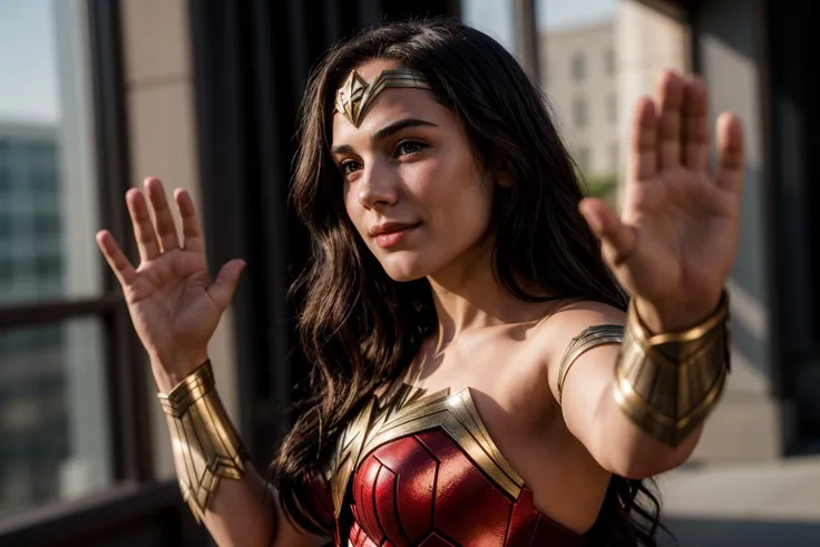 DC movies,photo of a 18 year old girl,wonder woman,waving hands,happy,ray tracing,detail shadow,shot on Fujifilm X-T4,85mm f1.2,depth of field,bokeh,motion blur,<lora:add_detail:1>,