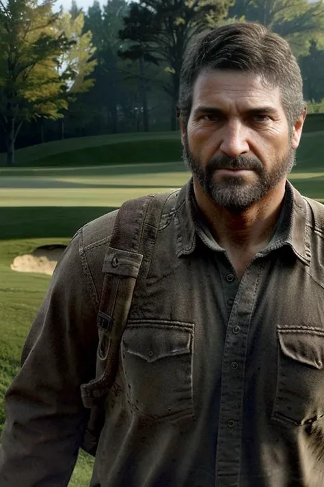 (8k, best quality, masterpiece:1.2),(best quality:1.0),ultra highres:1.0, extremely detailed, render, 4k, absurdres, HDR,
joel \(the last of us\), a man standing on golf course,