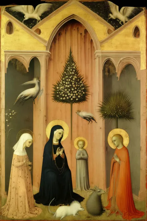<lora:Simone Martini Style:1>Simone Martini Style - Annunciation with St. Margaret and St. Ansanus, Simone Martini with capybaras