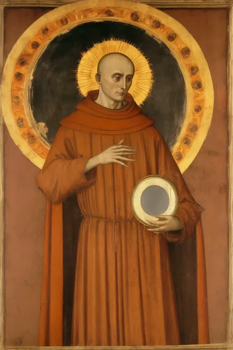 <lora:Simone Martini Style:1>Simone Martini Style - a monk holds a mirror in front of the sun in early medieval paint