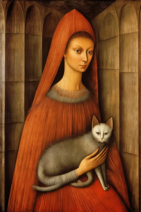 <lora:Simone Martini Style:1>Simone Martini Style - Remedios Varo painting style, portrait of a beautiful woman holding a cat
