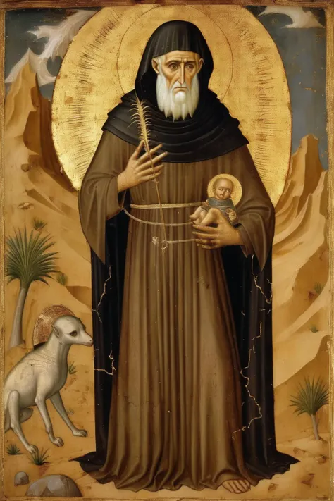 <lora:Simone Martini Style:1>Simone Martini Style - Saint Anthony the Great in Egypt desert circa 300 AD anointed in virtue with gaze upon full of mercy and compassion, subtle lightning and a thunder