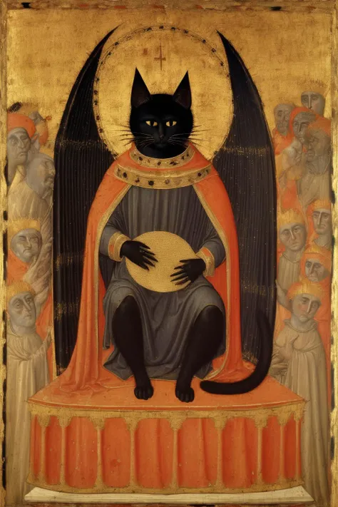 <lora:Simone Martini Style:1>Simone Martini Style - Duccio di Buoninsegna 1300s a little black cat with a golden halo on a throne being doted upon