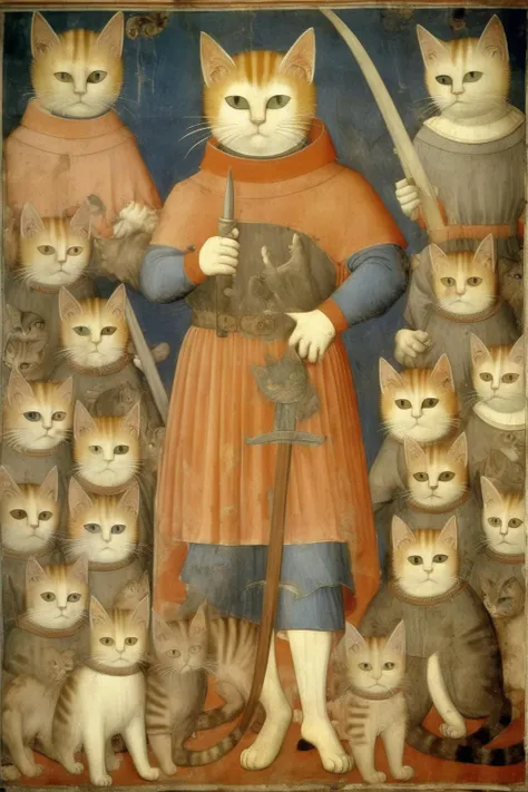 <lora:Simone Martini Style:1>Simone Martini Style - cat condottiero guiding a company of cat-at-arms in medieval italy. fresco in the style of giotto