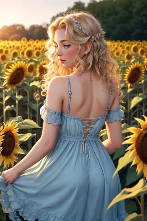 Award winning illustration conveying a sense of lust and exhibitionism, medium shot of 25 year old Goldilocks, blue eyes, blond curly hair, curly locks, perverse expression, open dress, lifting her dress with both hands, enticing pose, wearing a 19th century blue cotton summer dress, in a field of sunflowers, trails of pollen carried away by a sweet breeze in the air, intricately detailed, depth of field, natural backlighting