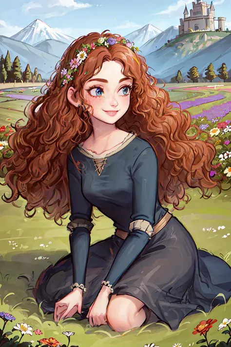 (MeridaWaifu), (dress), 1girl, solo, smile, dynamic angle, masterpiece, best quality,  <lora:MeridaBrave_character:0.7> (detailed ladscape, castle, field, grass, mountains, flowers:1.2), colorful,