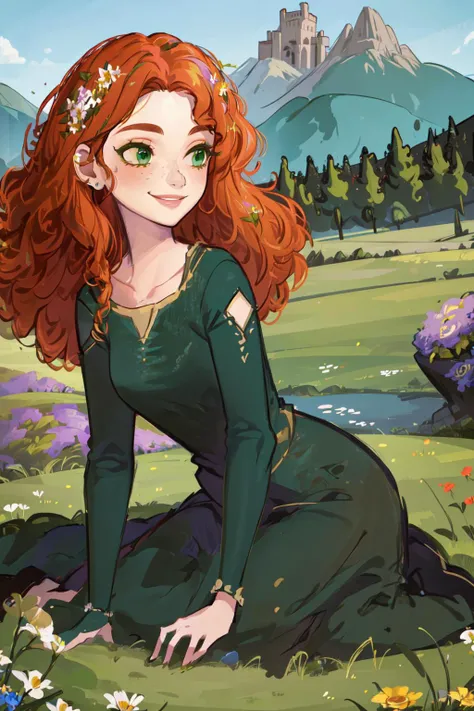 (MeridaWaifu), (green dress), 1girl, solo, smile, dynamic angle, masterpiece, best quality,  <lora:MeridaBrave_character:0.7> (detailed ladscape, castle, field, grass, mountains, flowers:1.2), colorful,