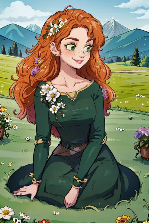 (MeridaWaifu), (green dress), 1girl, solo, smile, dynamic angle, masterpiece, best quality, <lora:MeridaBrave_character:0.7> (detailed ladscape, castle, field, grass, mountains, flowers:1.2), colorful,