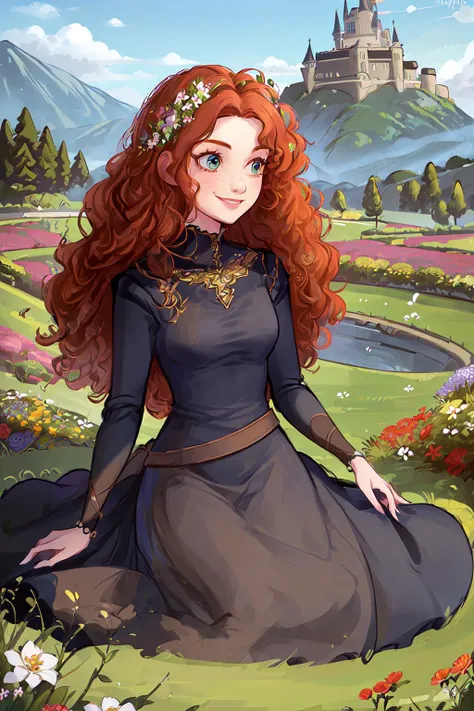 (MeridaWaifu), (dress), 1girl, solo, smile, dynamic angle, masterpiece, best quality,  <lora:MeridaBrave_character:0.7> (detailed ladscape, castle, field, grass, mountains, flowers:1.2), colorful,