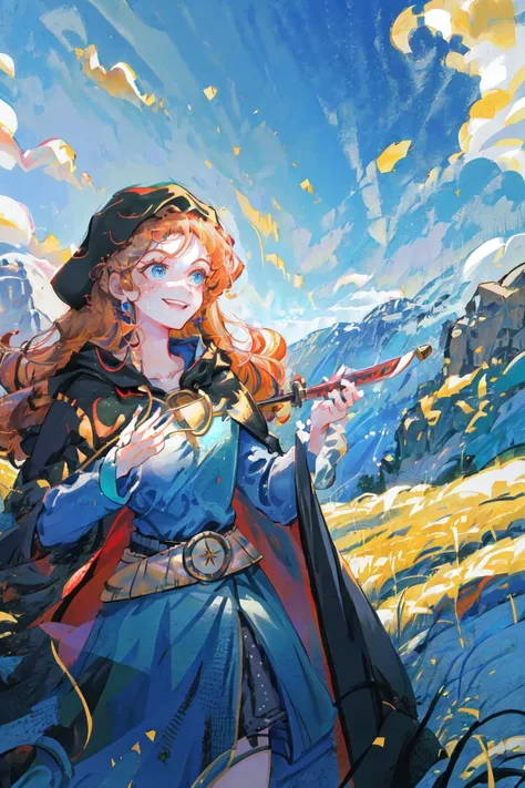 vibrant art, MeridaWaifu, blue dress, (dark blue cloak:1.5), (cowboy shot:1.5), (holding a sword:1.5), ready to fight, defensive stance, 1girl, solo, smile, blue eyes, red hair, large curly hair, curly hair, (untamed curls), (waist length hair:1.5), pale skin, freckles, outside, best quality, looking into the distance, mountains, grass, plains, Scotland mountains, green mountains, blue skies, rivers, hills, <lora:MeridaBrave_character-20:0.5> <lora:add_detail:0.3> <lora:hipoly3DModelLora_v10:0.05>  <lora:RSERomantic_RSESofiko_RSEEmma-v1:0.1>