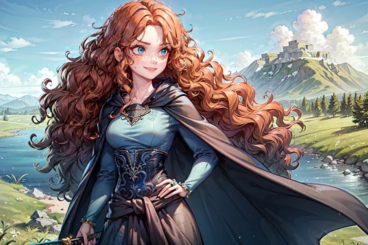 (MeridaWaifu:1), 1girl, smile, :D, sexy, looking at viewer, (dress:1.2), from below, magic, (fight pose:1.2), (big breasts), curvy, holding bow,

(realistic:1.2), (realism), (masterpiece:1.2), (best quality), (ultra detailed), (8k, 4k, intricate),(full-body-shot:1),(Cowboy-shot:1.2), (85mm),light particles, lighting, (highly detailed:1.2),(detailed face:1.2), (gradients), sfw, colorful, (detailed eyes:1),

(detailed ladscape, castle, fild, grass, mountains, flowers:1.2), (sky, clouds:1.2),(detailed background),detailed landscape, (dynamic angle:1.2), (dynamic pose:1.2), (rule of third_composition:1.3), (Line of action:1.2), wide shot, daylight, solo,