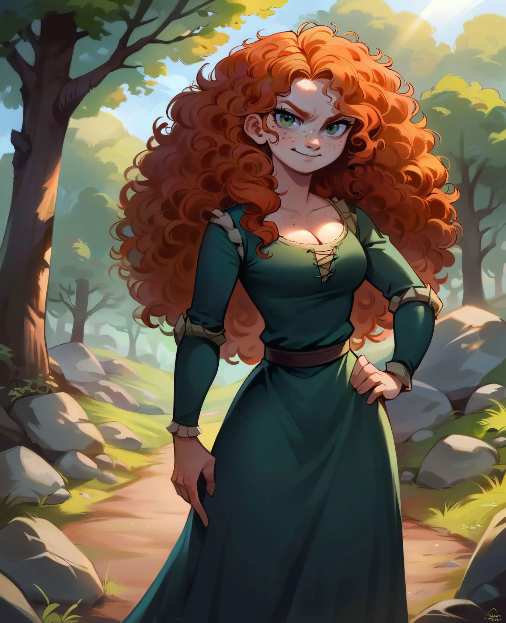 zPDXL, woman,
MeridaXLP, green eyes, orange hair, curly hair, freckles, green dress, long sleeves, long skirt ,cleavage, looking at viewer, serious, smirk, standing, hand on hip, outside, trees, rocks, sunlight, field,
<lora:MeridaBraveXLP_Character:.8> <lora:Smooth Anime Night Style SDXL_LoRA_Pony Diffusion V6 XL:.8>