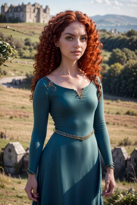 photo of Merida, a beautiful woman, (skinny:1.2), fit, perfect skin, detailed hair, detailed face, beautiful eyes,
((dress)),
(blurred Scottish countryside background, scenic), (standing sexy pose), (view of front),
erotic, elegant, sensual, seductive, (masterpiece, best quality), (photorealistic:1.4), full body, perfect illumination, (best shadow),
(meridawaifu, dress), <lora:MeridaBrave_character:0.7>