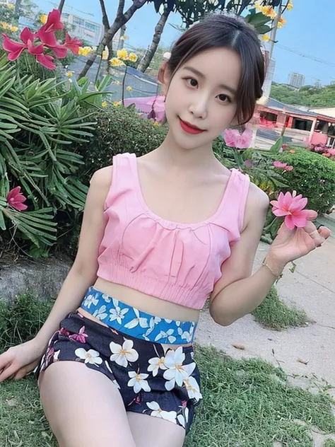 Kim Ji-ni Jennie face, wearing a fluorescent orange vest, dirty braids, cropped and pink shorts, sexy, cute, sitting on the lawn, sun on the face, sunshine