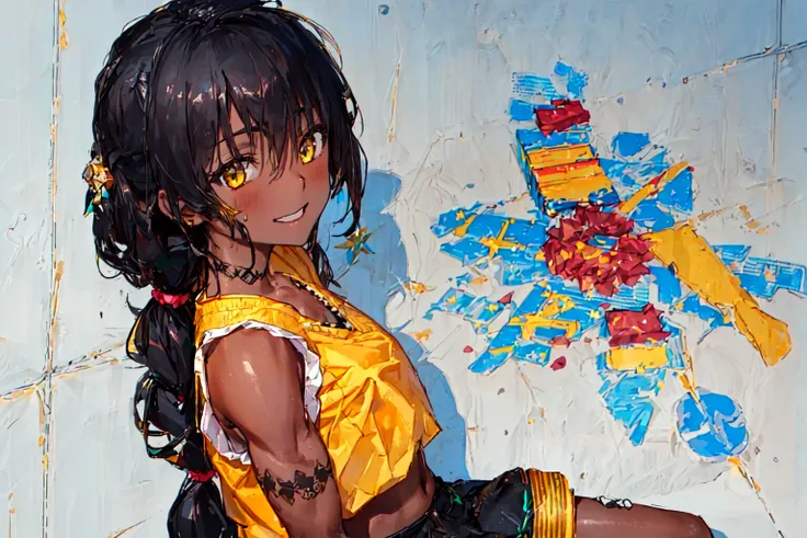 ((best quality)), masterpiece, ultra-detailed, illustration, 8k uhd, high resolution, (1girl), face focus, looking at viewer, solo, (dark skin:1.4), (muscular:1.4), (small_breasts), yellow eyes, (black hair:0.7), (messy absurdly long ponytail), (sweat), (portrait), (close mouth), (from front), wide shot, smile, (kcdress outfits, krachao top:1.3),<lora:thaiKrachaoTopRound_v02:1>