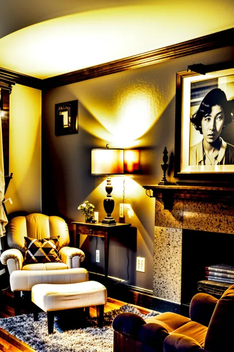 a living room with a lot of furniture and a lamp , 1boy, indoors, no humans, chair, table, lamp