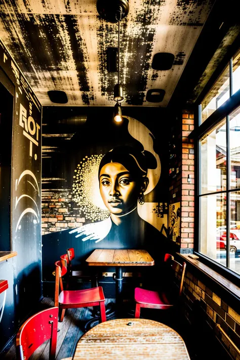 indoors, no humans, window, chair, traditional media, table, scenery, lamp , a restaurant with a brick wall and a mural on the wall , 1girl, solo, indoors, chair, statue, painting (object) , a small wooden building with red lights on it