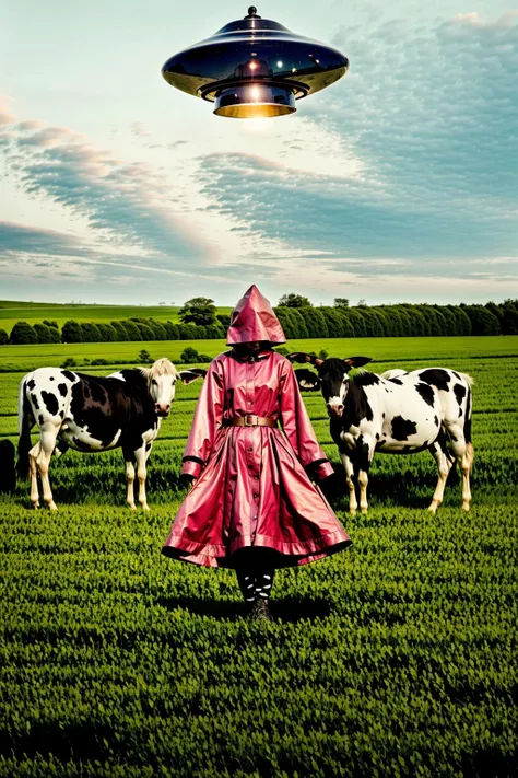 a woman with a hood on her head ,a woman in a pink dress standing in a doorway , a group of cows standing in a field under a flying saucer