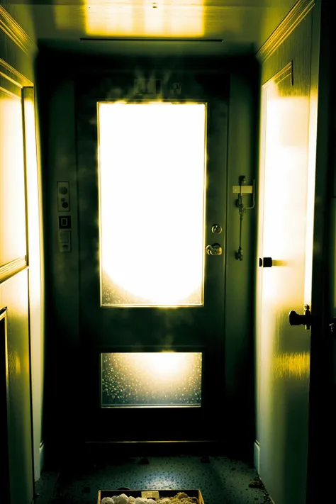 a door is open in a run down building , indoors, no humans, window, blood, scenery, door, horror (theme), hallway