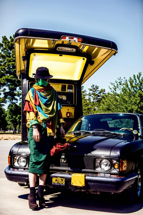a woman with a colorful scarf and a colorful hat ,no humans, ground vehicle, motor vehicle, car, vehicle focus, sports car , a pay phone sitting on top of a wooden bench