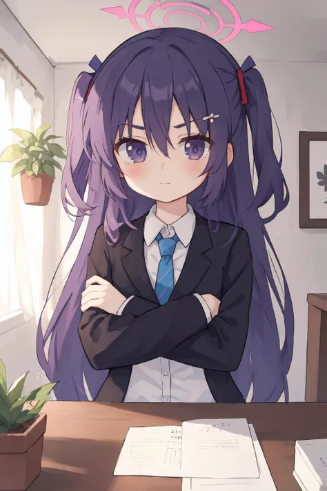 1girl, yuuka \(blue archive\), solo, necktie, blue necktie, two side up, long hair, shirt, purple hair, jacket, holding, cup, purple eyes, looking at viewer, white shirt, indoors, collared shirt, halo, crossed arms, closed mouth, blush, black jacket, bangs, holding cup, long sleeves, potted plant, parted bangs, suit, formal, hair ornament, hair between eyes, upper body, v-shaped eyebrows, lu-style