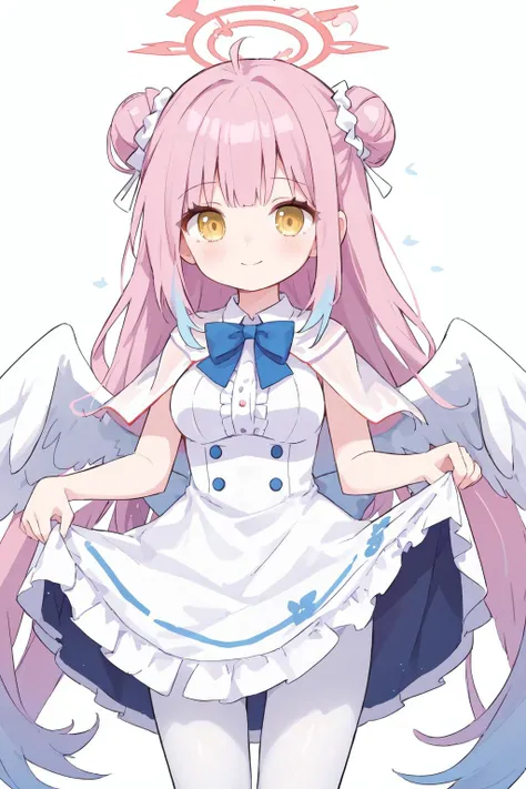 1girl,mika \(blue archive\),solo,pink hair,dress,long hair,white dress,single side bun,smile,hair bun,blue bow,hair ornament,white wings,looking at viewer,pantyhose,capelet,skirt hold,yellow eyes,(white pantyhose:1.4),flower,hair flower,bow,low wings,frilled dress,white background,frills,simple background,blush,feathered wings,very long hair,bangs,closed mouth,halo,scrunchie,breasts,white capelet,crescent,sleeveless,sleeveless dress,blue bowtie,bowtie,clothes lift,ribbon,hand up,multicolored hair,lu-style,
