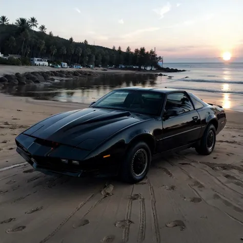 Picture of kitt parked by the beach, 3/4 profile, sunset <lora:EdobKITT_v1.0:0.8>