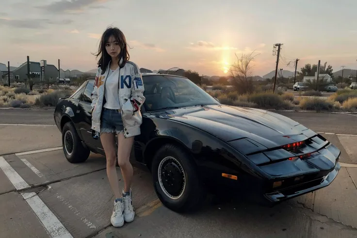 desert, sunset, backlight ADDCOMM 
1girl, beside a car, white retro bomber jacket, denim shorts, white sneakers, hands in pockets ADDCOL 
(((EdobKITT)))  <lora:EdobKITT_v1.0:1>