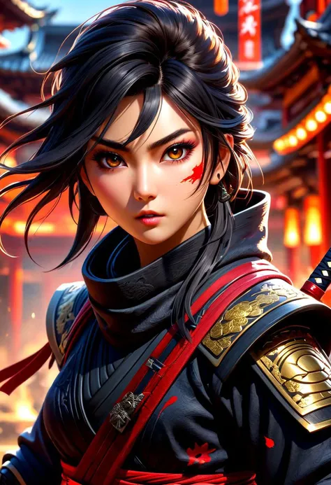 masterpiece,HDR,trending on artstation,sharp focus,high contrast,8K,Hyper-detailed,intricate details,cinematic lighting, <lora:add-detail-xl:1> perfect eyes, crystal clear eyes, nsfw,
image presents a stylized ninja, characterized by vibrant and abstract splashes of blood. the main figure, the ninja, is depicted in a dynamic pose, holding a sword, which suggests action or combat. the background features bold and expressive brush strokes that create an energetic atmosphere. the colors used are vivid and varied, with multiple shades and hues creating a lively visual experience. overall, the style can be described as modern and artistic, with a strong emphasis on movement and energy.