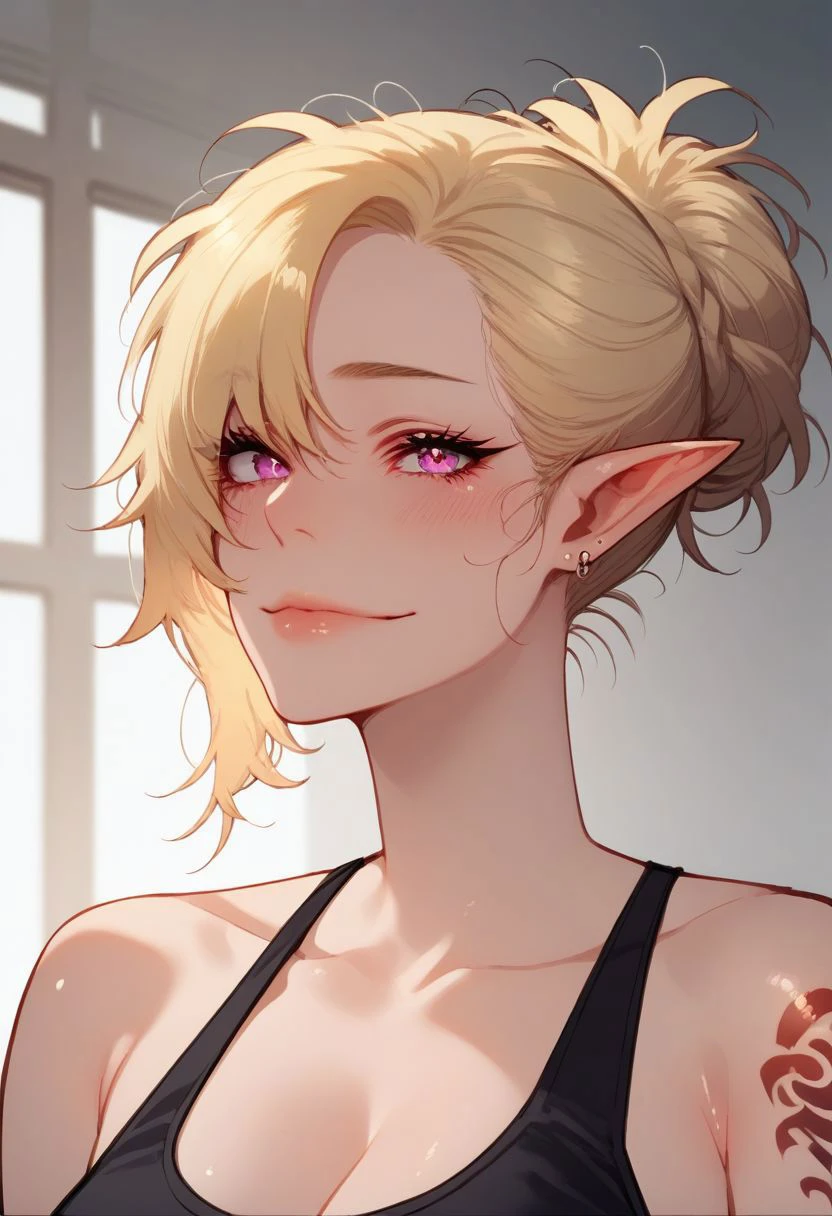 score_9, score_8_up, score_7_up, score_6_up, score_5_up, score_4_up, source_anime, solo, 1girl elf blonde, smile, horny, upper body shot, face focus, intricate earings, black tanktop, EPIrezumiWorld, shoulder tattoo, messy hair lower bun, Expressiveh, detailed eyes, looking at viewer, camera overlay, closed mouth