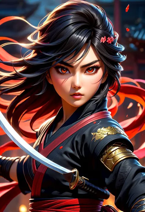 masterpiece,HDR,trending on artstation,sharp focus,high contrast,8K,Hyper-detailed,intricate details,cinematic lighting,   <lora:add-detail-xl:1> perfect eyes, crystal clear eyes, nsfw, 
image presents a stylized  ninja, characterized by vibrant and abstract splashes of blood. the main figure, the ninja, is depicted in a dynamic pose, holding a sword, which suggests action or combat. the background features bold and expressive brush strokes that create an energetic atmosphere. the colors used are vivid and varied, with multiple shades and hues creating a lively visual experience. overall, the style can be described as modern and artistic, with a strong emphasis on movement and energy.