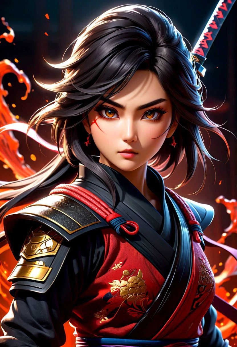 masterpiece,HDR,trending on artstation,sharp focus,high contrast,8K,Hyper-detailed,intricate details,cinematic lighting, <lora:add-detail-xl:1> perfect eyes, crystal clear eyes, nsfw,
image presents a stylized ninja, characterized by vibrant and abstract splashes of blood. the main figure, the ninja, is depicted in a dynamic pose, holding a sword, which suggests action or combat. the background features bold and expressive brush strokes that create an energetic atmosphere. the colors used are vivid and varied, with multiple shades and hues creating a lively visual experience. overall, the style can be described as modern and artistic, with a strong emphasis on movement and energy.