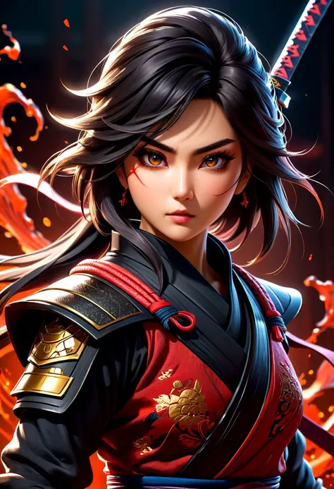 masterpiece,HDR,trending on artstation,sharp focus,high contrast,8K,Hyper-detailed,intricate details,cinematic lighting,   <lora:add-detail-xl:1> perfect eyes, crystal clear eyes, nsfw, 
image presents a stylized  ninja, characterized by vibrant and abstract splashes of blood. the main figure, the ninja, is depicted in a dynamic pose, holding a sword, which suggests action or combat. the background features bold and expressive brush strokes that create an energetic atmosphere. the colors used are vivid and varied, with multiple shades and hues creating a lively visual experience. overall, the style can be described as modern and artistic, with a strong emphasis on movement and energy.