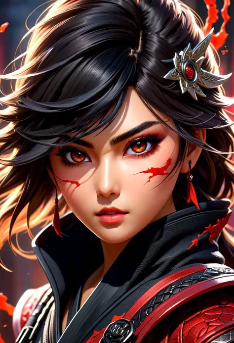 masterpiece,HDR,trending on artstation,sharp focus,high contrast,8K,Hyper-detailed,intricate details,cinematic lighting, <lora:add-detail-xl:1> perfect eyes, crystal clear eyes, nsfw,
image presents a stylized ninja, characterized by vibrant and abstract splashes of blood. the main figure, the ninja, is depicted in a dynamic pose, holding a sword, which suggests action or combat. the background features bold and expressive brush strokes that create an energetic atmosphere. the colors used are vivid and varied, with multiple shades and hues creating a lively visual experience. overall, the style can be described as modern and artistic, with a strong emphasis on movement and energy.