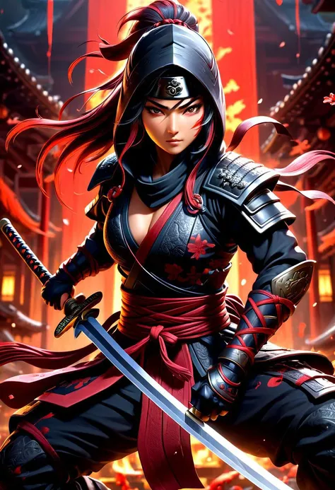 masterpiece,HDR,trending on artstation,sharp focus,high contrast,8K,Hyper-detailed,intricate details,cinematic lighting, <lora:add-detail-xl:1>
image presents a stylized ninja, characterized by vibrant and abstract splashes of blood. the main figure, the ninja, is depicted in a dynamic pose, holding a sword, which suggests action or combat. the background features bold and expressive brush strokes that create an energetic atmosphere. the colors used are vivid and varied, with multiple shades and hues creating a lively visual experience. overall, the style can be described as modern and artistic, with a strong emphasis on movement and energy.