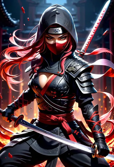 masterpiece,HDR,trending on artstation,sharp focus,high contrast,8K,Hyper-detailed,intricate details,cinematic lighting,   <lora:add-detail-xl:1>
image presents a stylized  ninja, characterized by vibrant and abstract splashes of blood. the main figure, the ninja, is depicted in a dynamic pose, holding a sword, which suggests action or combat. the background features bold and expressive brush strokes that create an energetic atmosphere. the colors used are vivid and varied, with multiple shades and hues creating a lively visual experience. overall, the style can be described as modern and artistic, with a strong emphasis on movement and energy.