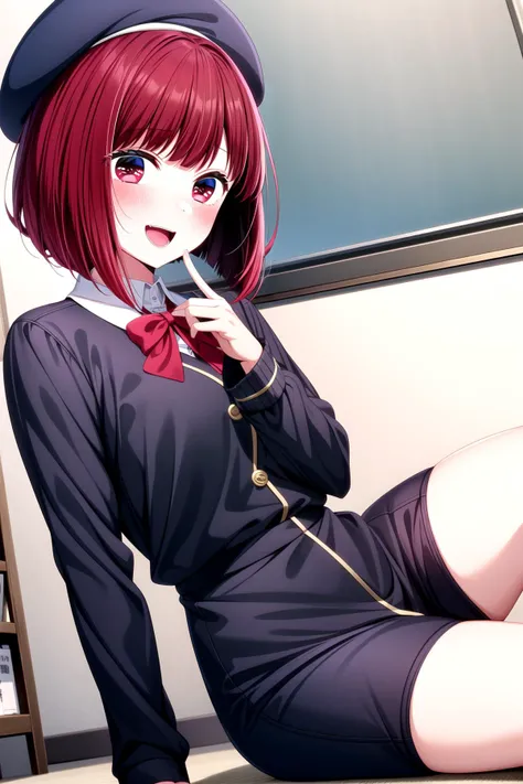 arima kana, red hair, red eyes, bob cut, short hair, small breasts, outfit of your choice, beret, <lora:Kizuki - Oshi no Ko - Arima Kana:1>, masterpiece, best quality, absurdres, <lora:hyperdetailer_v095:0.5>, blush, happy,