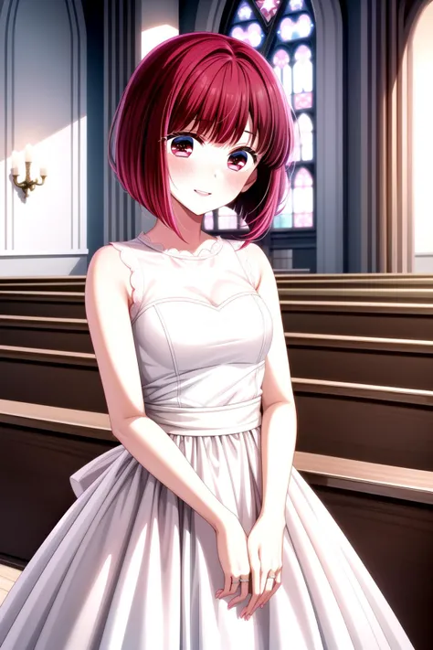 arima kana, red hair, red eyes, bob cut, short hair, small breasts, <lora:Kizuki - Oshi no Ko - Arima Kana:1>, masterpiece, best quality, absurdres, <lora:hyperdetailer_v095:0.5>, blush, happy, pink lips, <lora:PinkBridal-10:0.8>, bridal, church, wedding