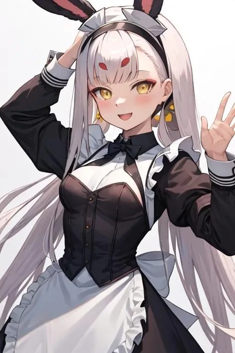 best quality, masterpiece, highres, solo, {maid:1.40}, {long maid dress:1.15}, {shimakaze_azurlane:1.15}, animal_ears, long_hair, rabbit_ears, hairband, white_hair, breasts, yellow_eyes, small_breasts, bangs, blush, open_mouth, smile, very_long_hair, brown_eyes